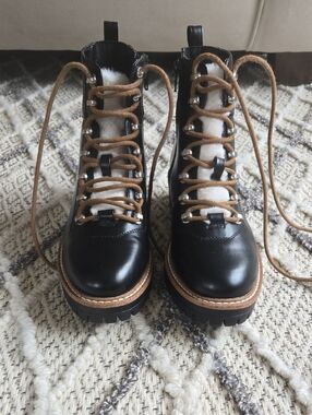 Women’s Black Leather Lace-Up Ankle Boots with Tan Laces